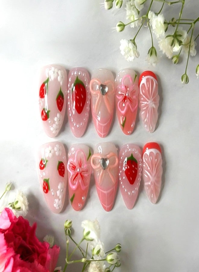 CJDLTS Flower Press on Nails Medium Almond Shaped Artificial Acrylic Nail French 3D Strawberry Floral Bow with Rhinestones Stick on Nails Full Cover Glue on Nail Artificial Fingernails for Women Manicure - Image 1